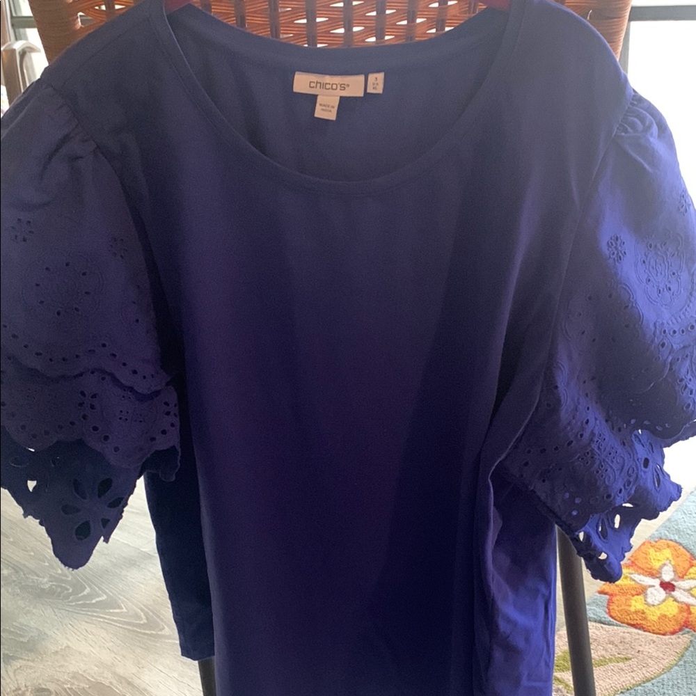 Chico's Women's Blue Eyelet Sleeve Top